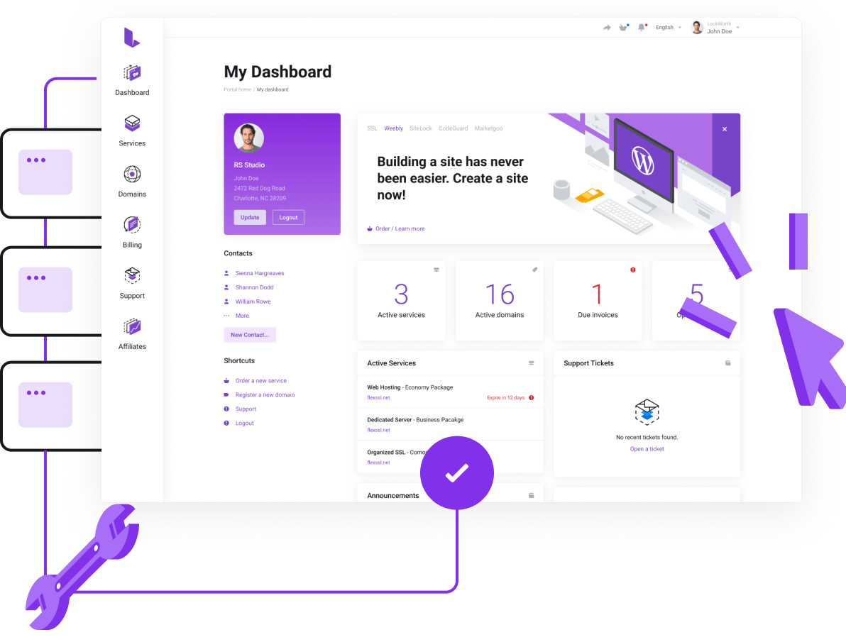 Alojamento Web, Domínio, WordPress, VPS e Muito Mais - Painel de controlo super fácil para gerir todos os seus serviços